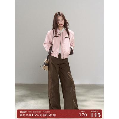 一颗小野莓棕色高腰阔腿牛仔裤女秋季新款宽松直筒百搭美式长裤