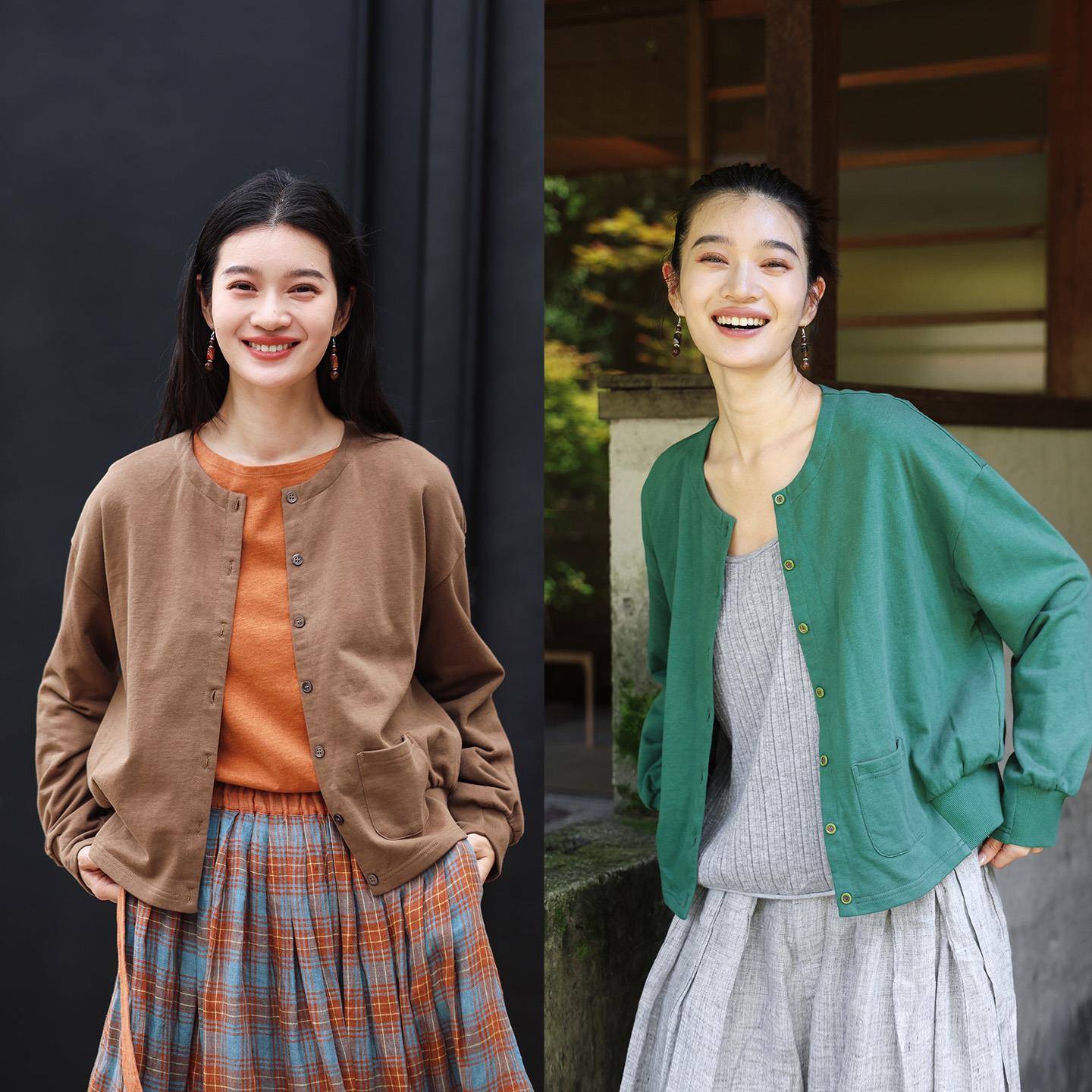 特绽放女装505/全棉毛圈布圆领外套上衣落肩长袖短款开襟卫衣早秋