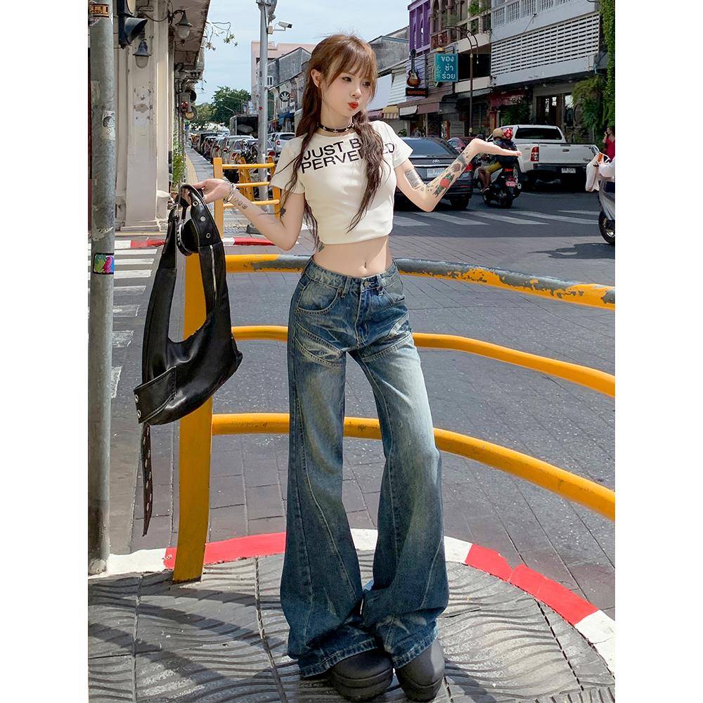 美式复古低腰阔腿微喇牛仔裤女春秋款辣妹显瘦不贴腿直筒喇叭裤子