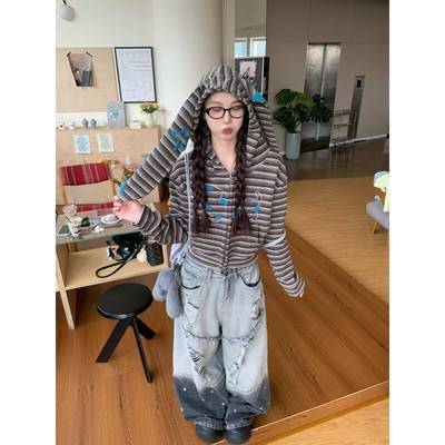 198布丁美式覆古条纹兔耳朵连帽卫衣外套女秋冬新款宽松短款上衣