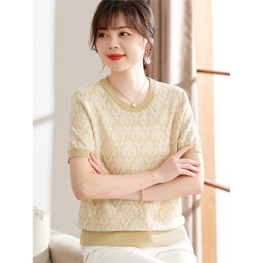 喜卉中年妈妈夏装宽松针织上衣服2025新款中老年女装短袖T恤小衫