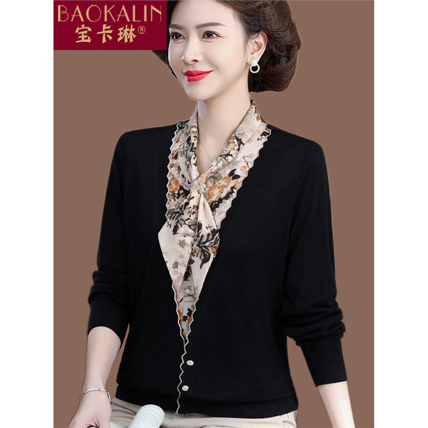 中年妈妈秋装2025新款假两件套长袖中老年妇女针织品春秋大码