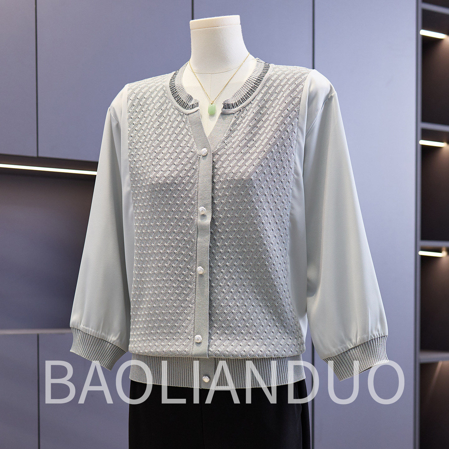 洋气妈妈春装纱袖针织衫中年女装新款40岁50中老年七分袖上衣T恤