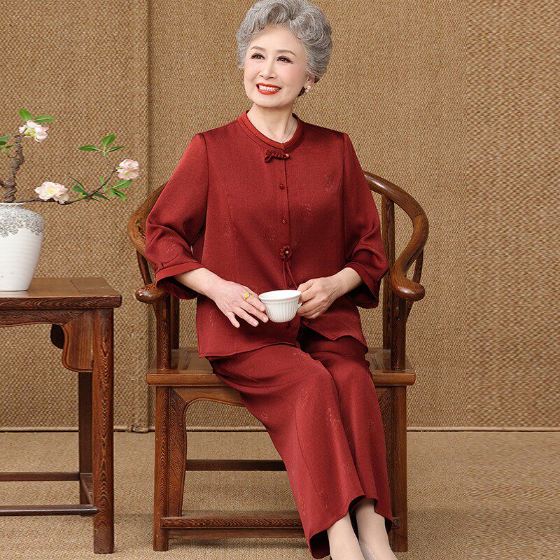 气质中老年人奶奶套装衬衫女纯色夏装桑蚕丝100%大尺码妈妈真丝上