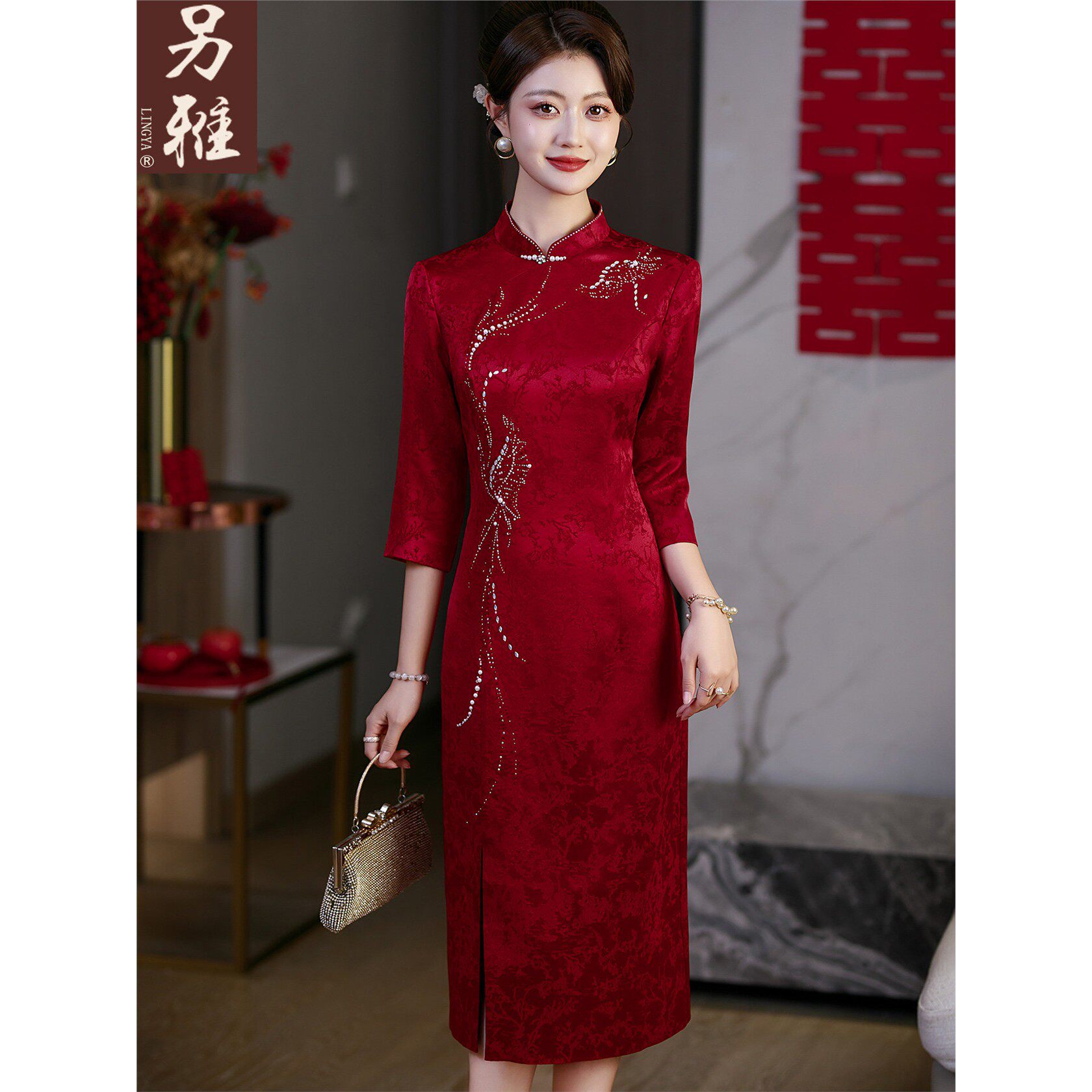 婚礼妈妈高定旗袍喜服醋酸礼服长裙喜婆婆婚宴手工钉珠绣花连衣裙