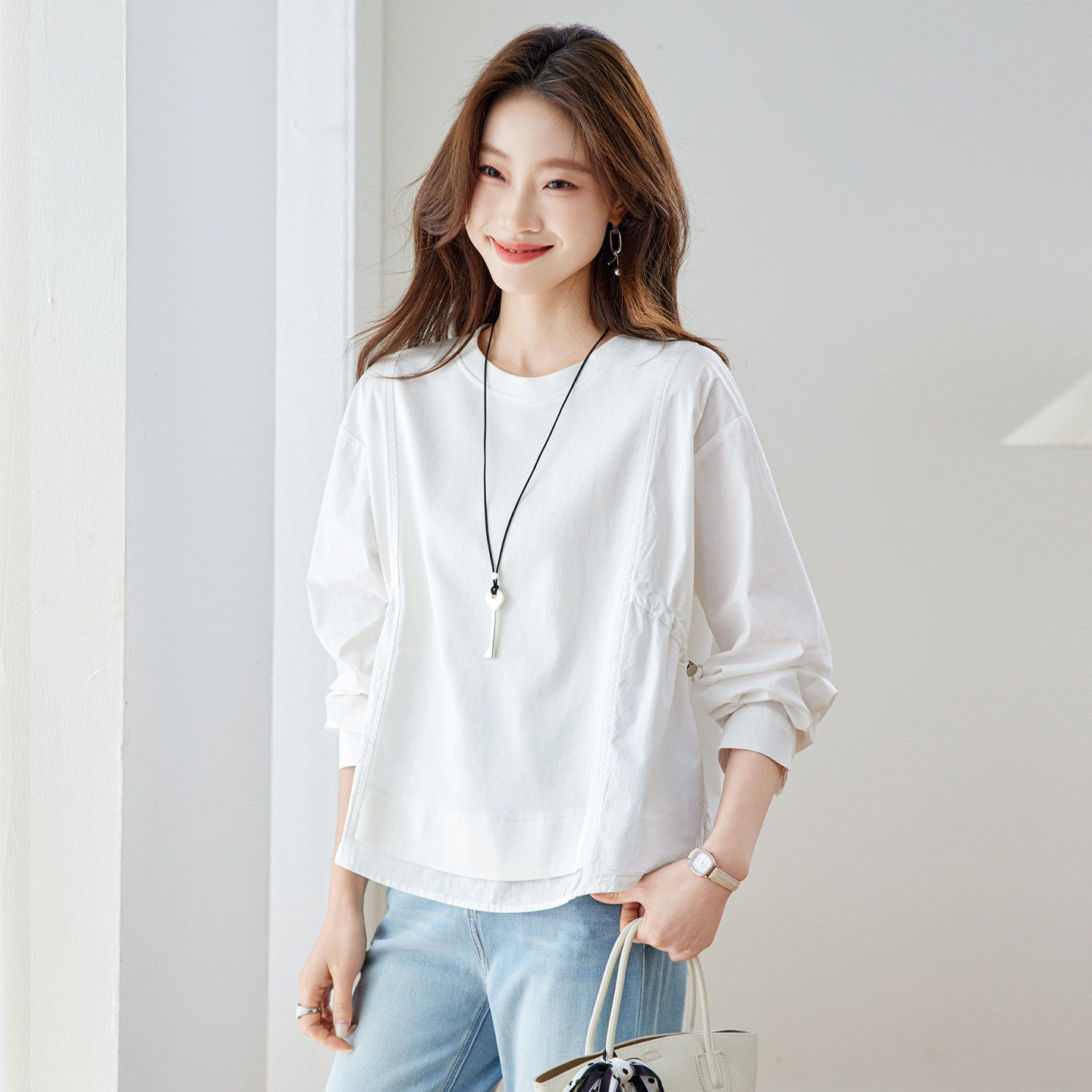 高级感假两件拼接长袖T恤女春秋款时尚休闲卫衣抽绳纯棉打底上衣