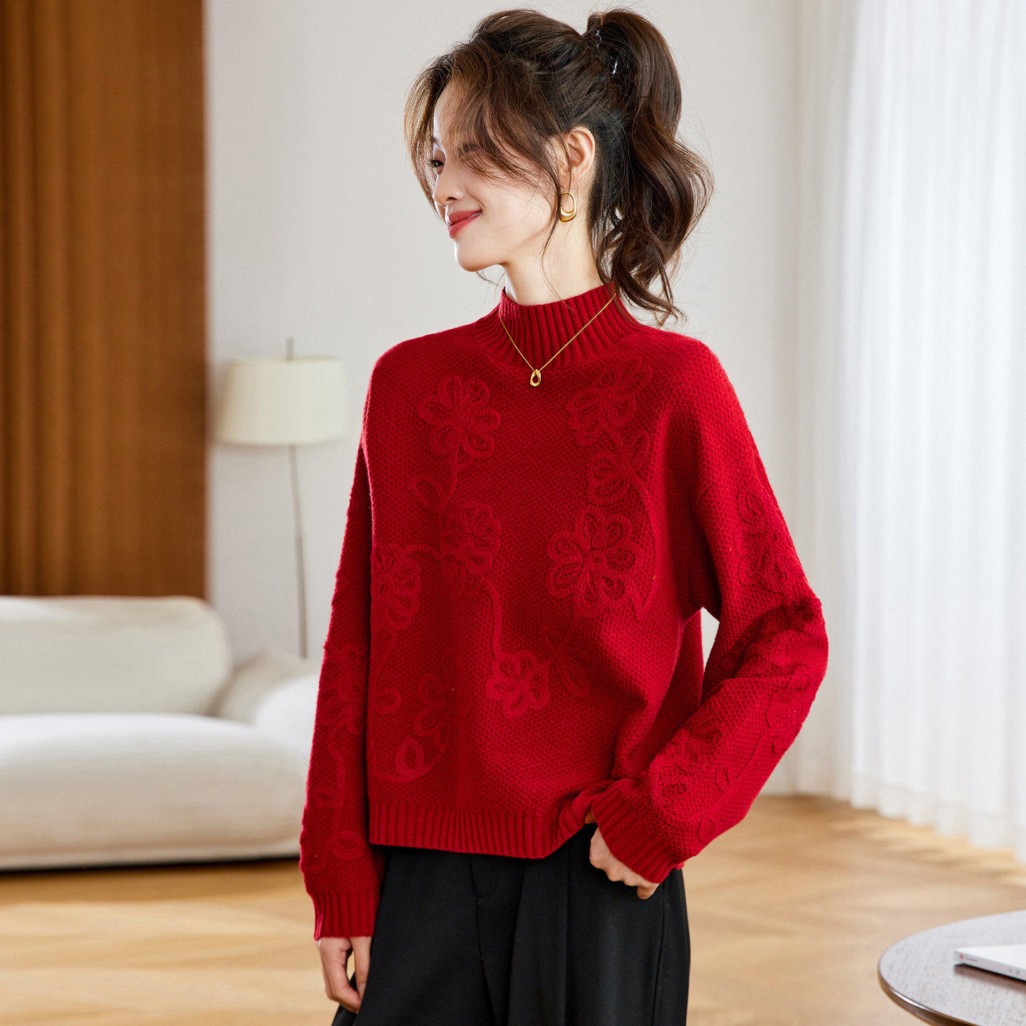 红色半高领刺绣毛衣女秋冬高级感宽松内搭超好看本命年针织衫上衣