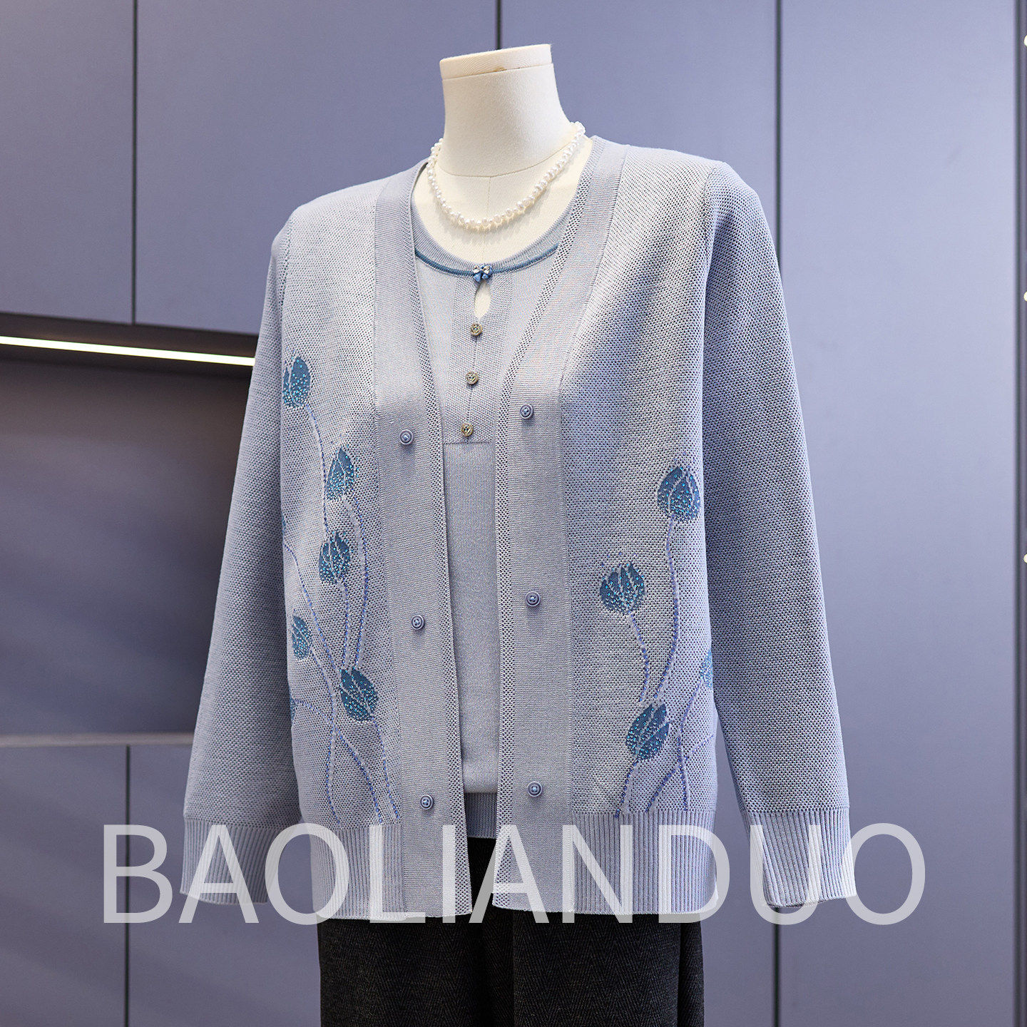 2026新款妈妈春装针织开衫中年女装短袖内搭中老年印花上衣两件套