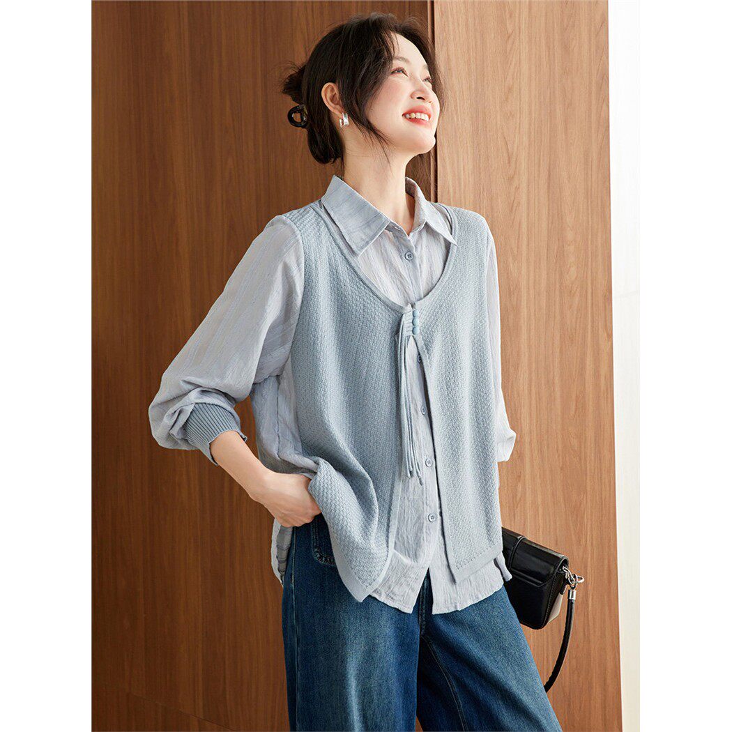2025早秋新款时尚洋气通勤休闲衬衫宽松假两件上衣气质百搭衬衣女
