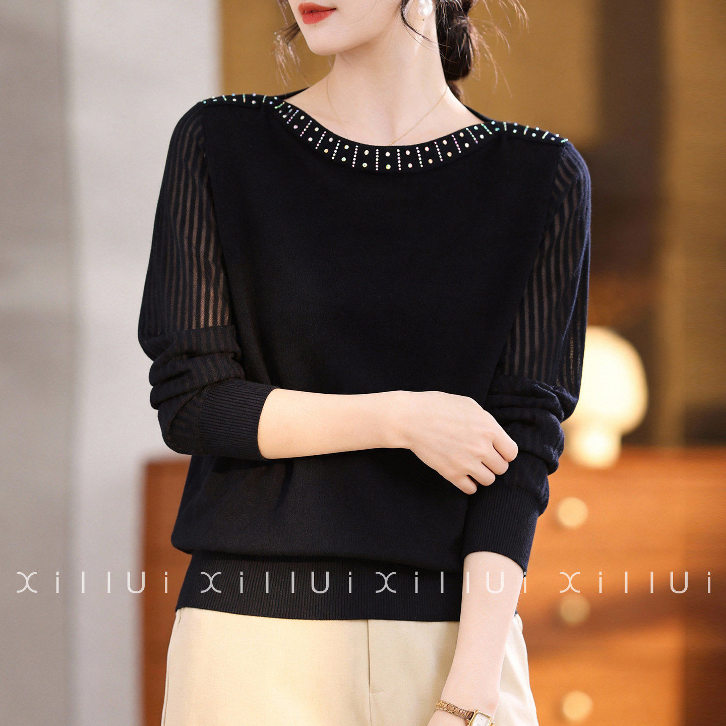 喜卉2026新款妈妈春装针织衫洋气长袖上衣中老年女装薄款打底小衫