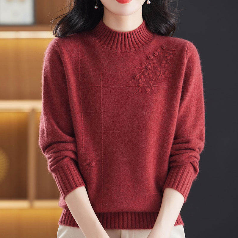 纯色中年羊绒衫毛衣女秋冬半高领加厚大尺码妈妈针织打底衫上衣短