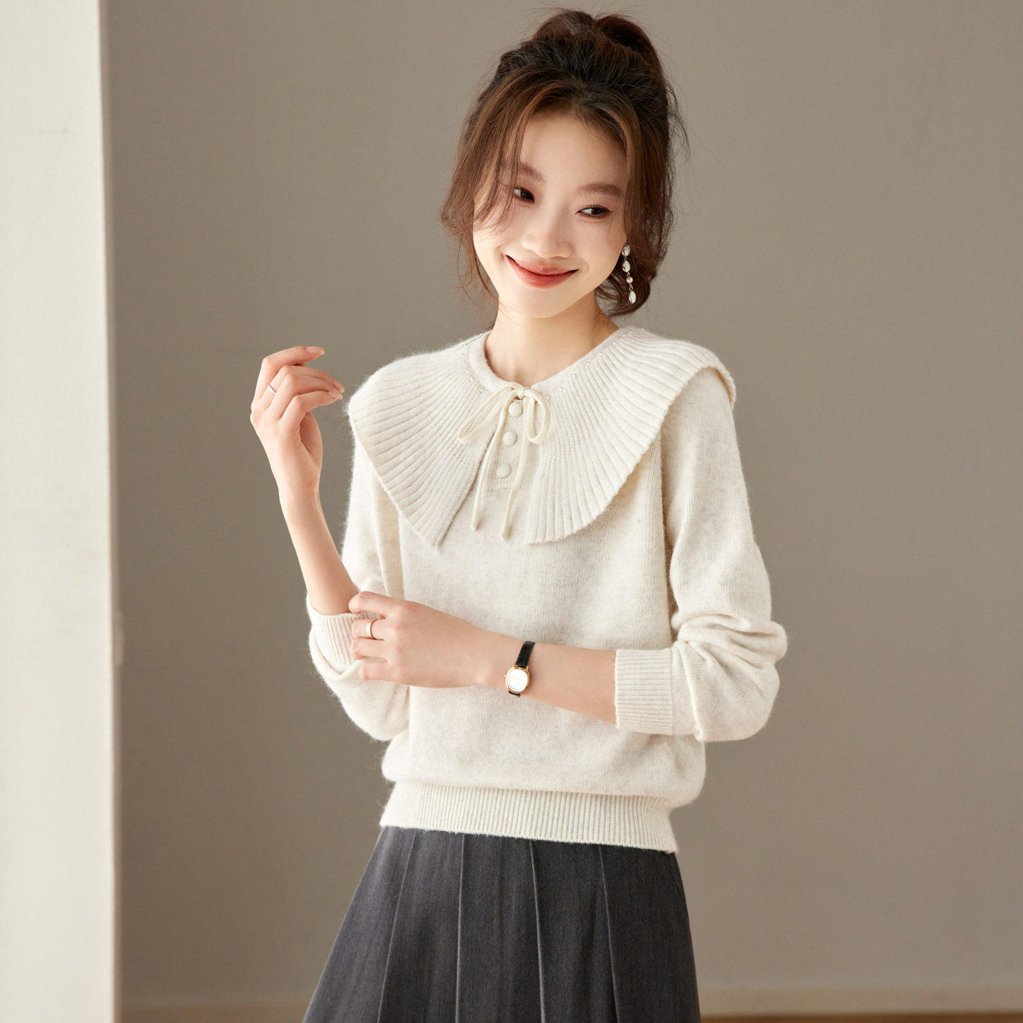 韩系甜美娃娃领系带针织衫女秋冬洋气减龄小个子漂亮毛衣打底上衣