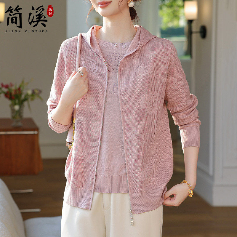 简溪年轻妈妈开衫外套中年女春装洋气上衣中老年薄款针织两件套装