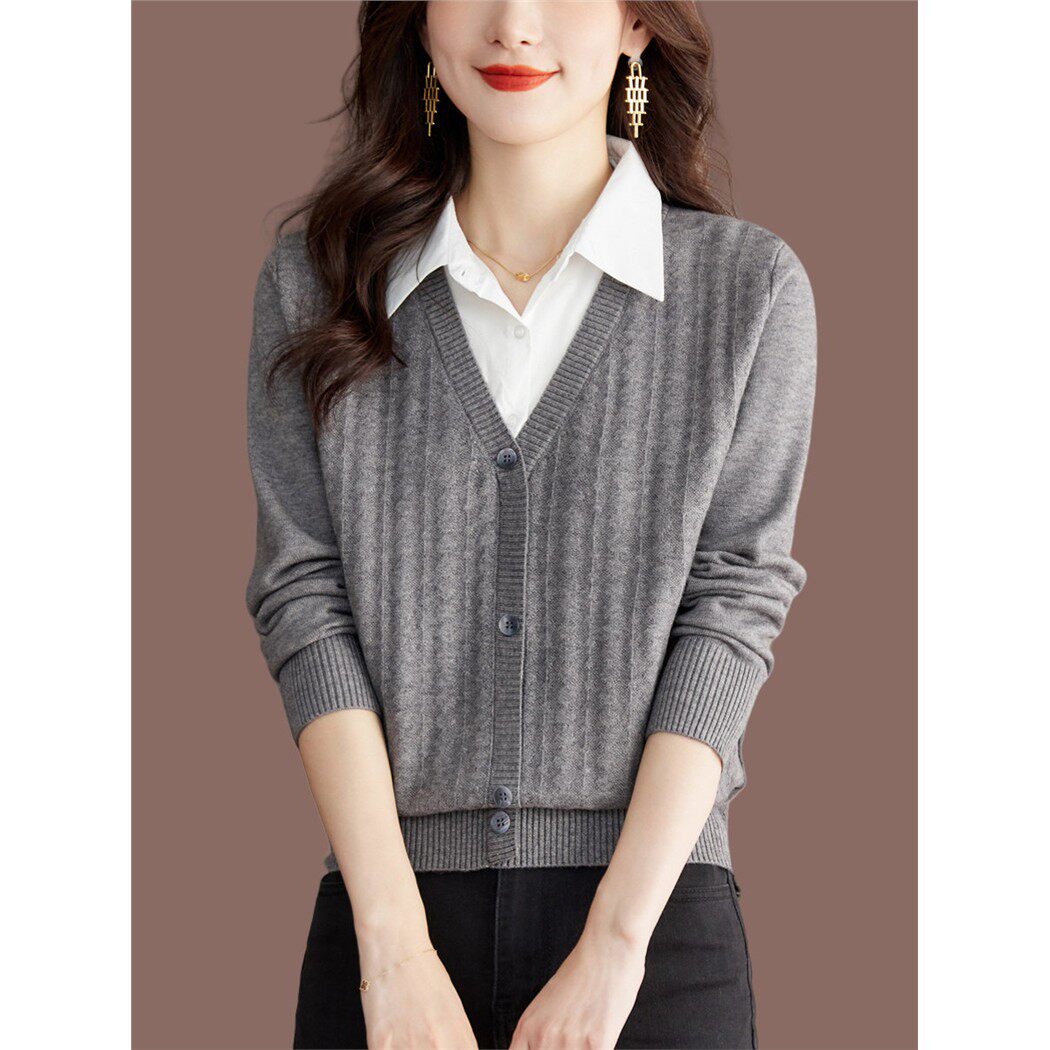 假两件针织打底衫女秋冬新款内搭羊毛上衣大码短款春秋衬衫领毛衣