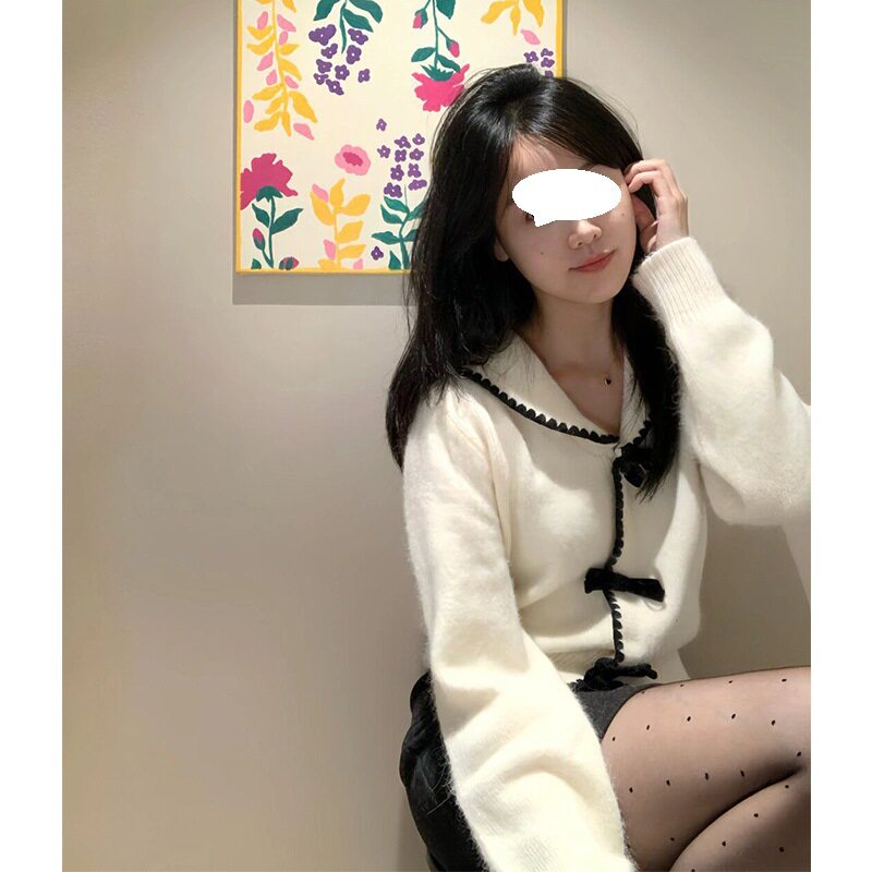 白色领蝴蝶结针织开衫女2024春装新款修身气质别致绝美小上衣