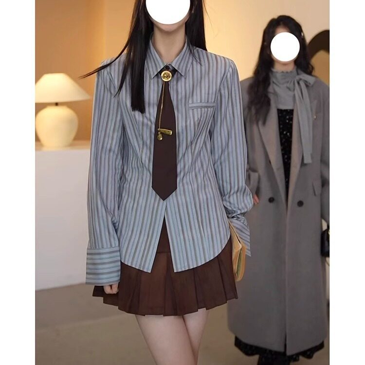 红人馆条纹衬衫女春夏季洋气小众别致宽松显瘦西装内搭衬衣打底衫