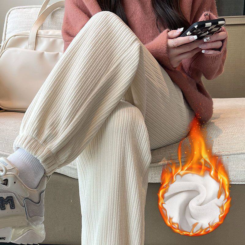 白色雪尼尔运动裤女裤子秋冬季2025新款加绒加厚超厚束脚卫裤外穿