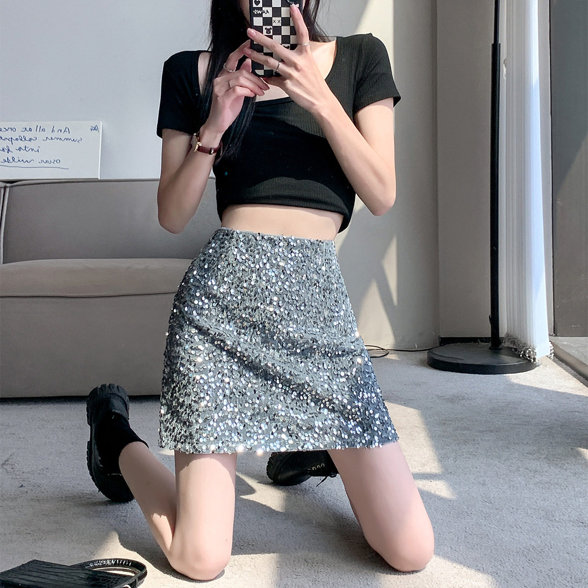 2023高级感亮片半身裙夏季新款辣妹性感风高腰显瘦A字包臀短裙女