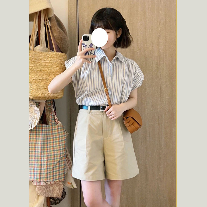 小个子夏装搭配一整套条纹衬衫休闲短裤女装盐系轻熟两件套装