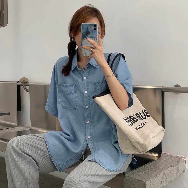 网红浅蓝复古水洗牛仔衬衫女薄款夏季宽松设计感小众上衣短袖衬衣
