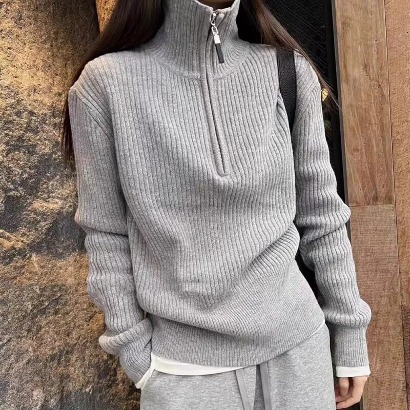 欧货秋冬季新款高级感灰色半拉链高领针织打底衫女宽松慵懒风毛衣