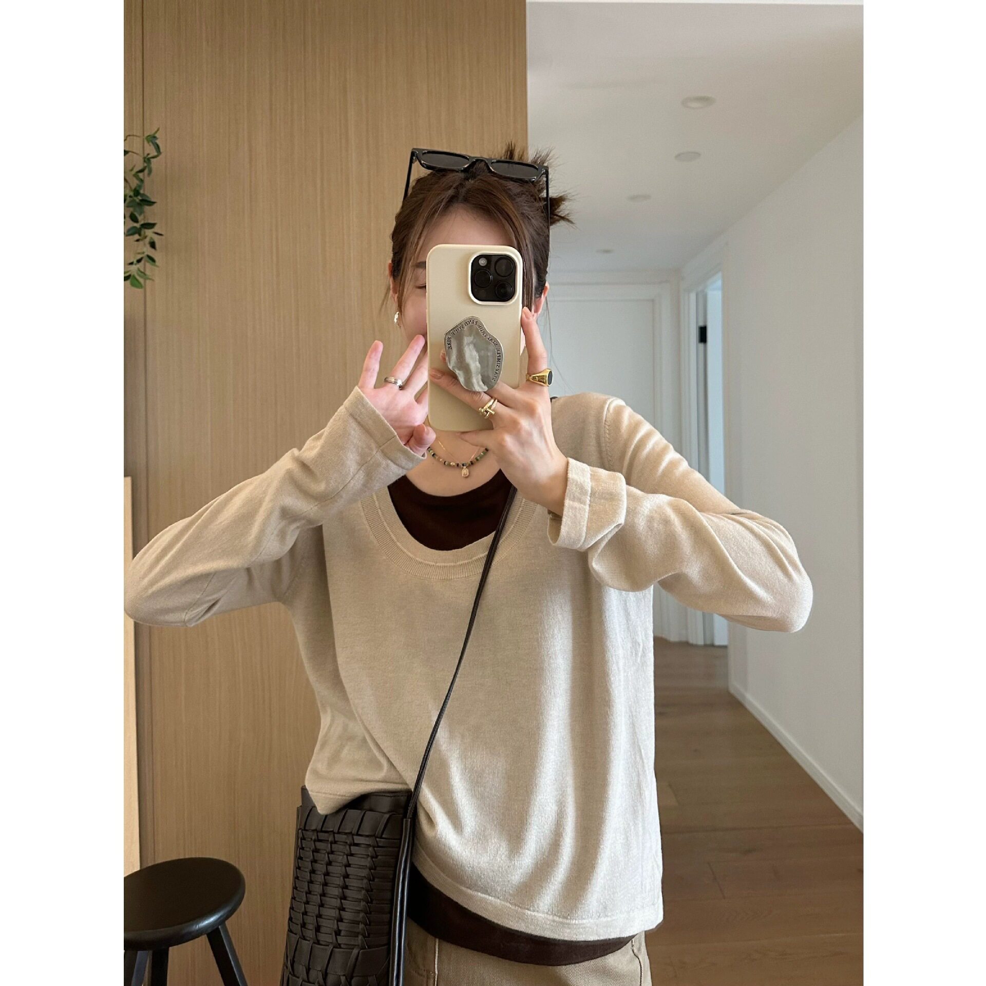 秋波里撞色大码胖妹妹假两件针织衫上衣女早秋新款慵懒设计感毛衣