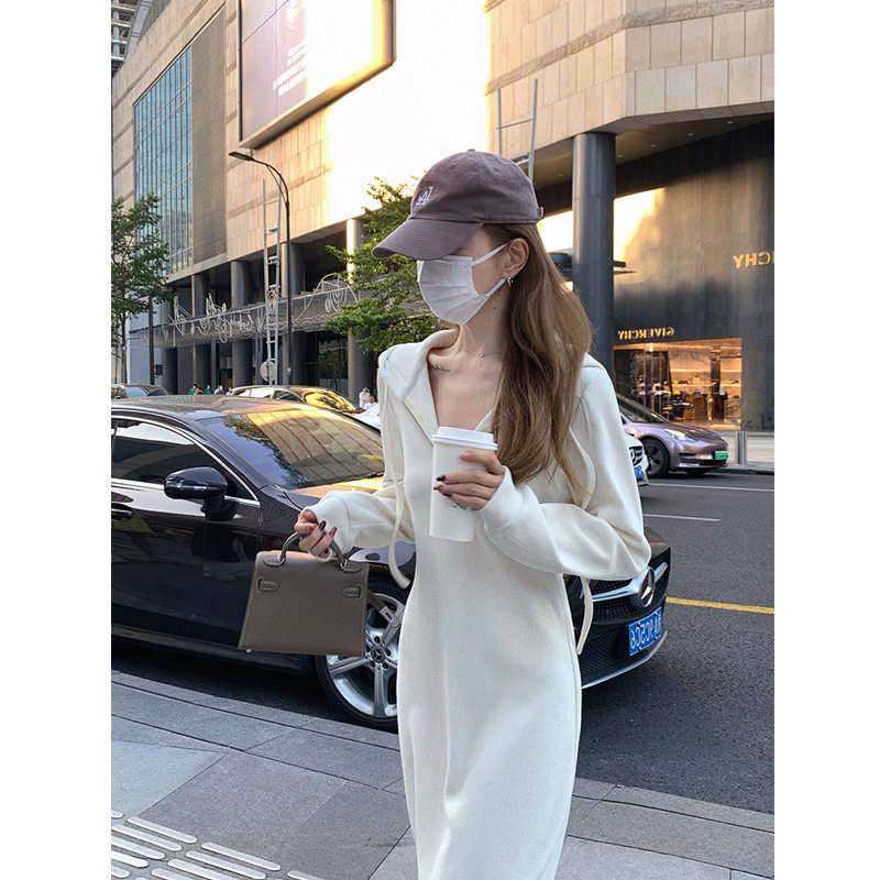 网红 小个子连帽卫衣长袖连衣裙子女秋冬季收腰显瘦大衣内搭打底
