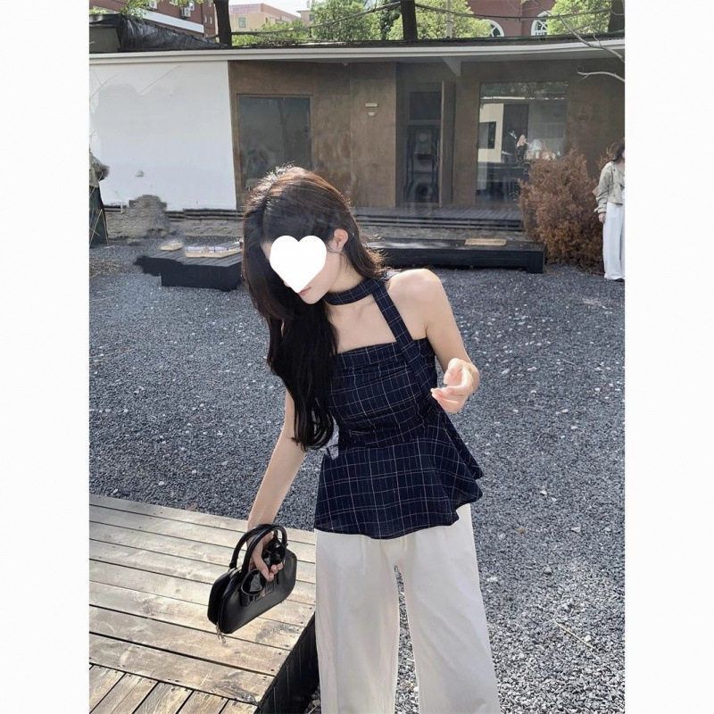 复古撞色格子抹胸背心女装夏季辣妹修身外穿短款露肩上衣小个子
