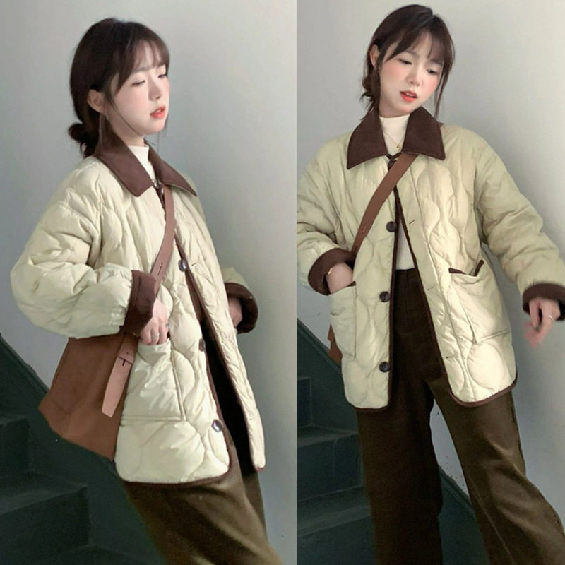 网红 韩版撞色菱格羽绒棉服女冬季2023新款小个子面包服小香风