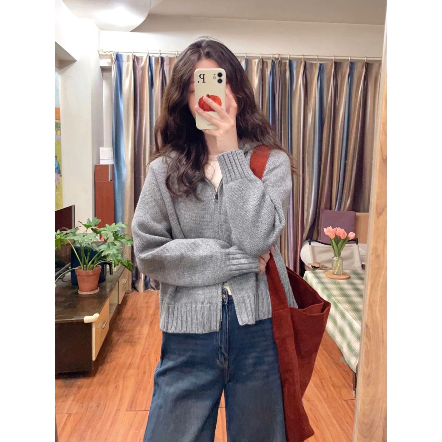 灰色短款毛衣针织开衫女秋季2023新款慵懒风双拉链宽松外套小个子