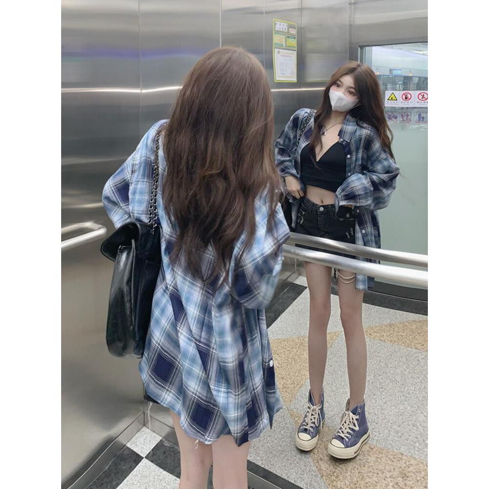 蓝色格子衬衫女春秋设计感小众长袖上衣宽松薄款防晒衬衣外套夏季