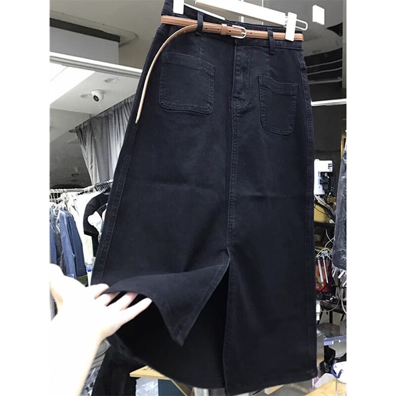 黑色半身裙女2024新款春秋梨形身材大码显瘦牛仔裙高腰开叉a字裙