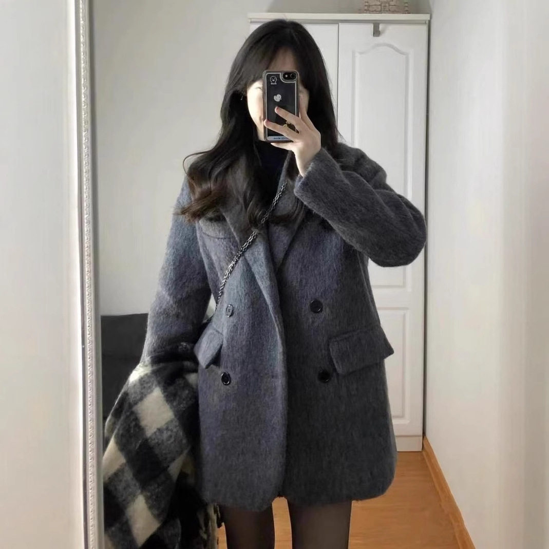 灰色毛呢外套女2024秋冬新款加厚宽松高级感小个子西装呢子大衣女