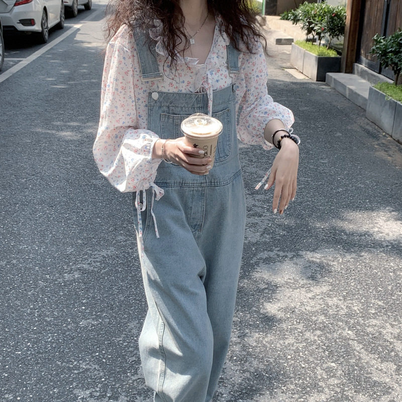 牛仔背带裤女春秋2024年新款韩版宽松复古小个子阔腿拖地连体裤子