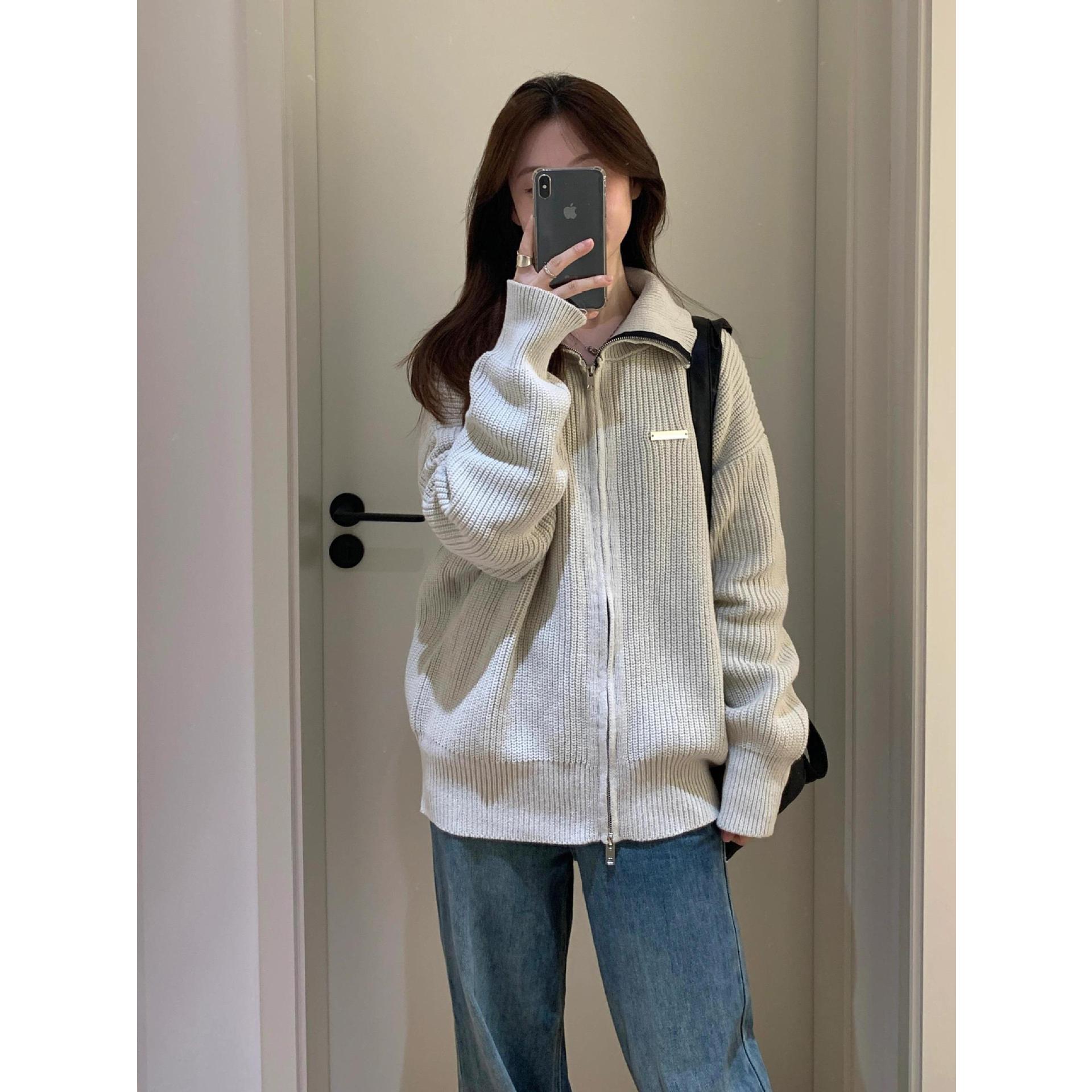 灰色翻领拉链长袖毛衣外套女春秋冬季立领宽松慵懒风针织开衫外搭