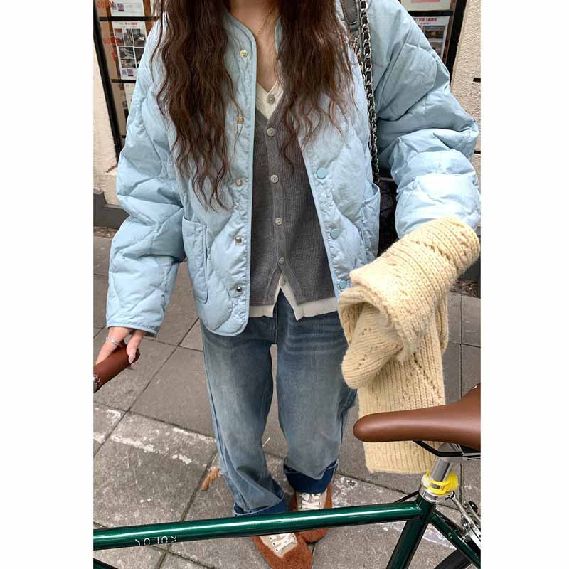 网红秋天给的温暖抱抱~蓝色短款羽绒棉服女2022秋韩版面包服外套