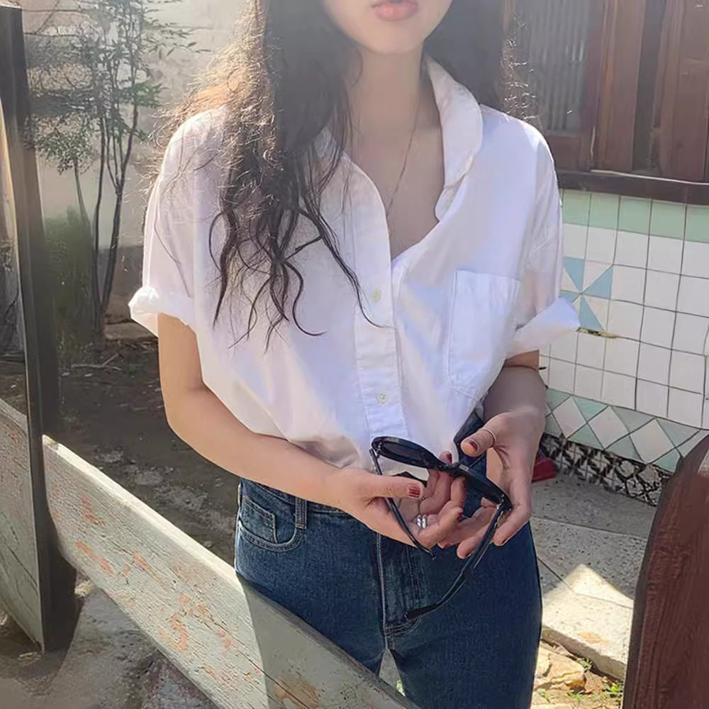 2024夏季短袖白衬衫女春秋小众上衣新款法式设计感衬衣开衫高级感
