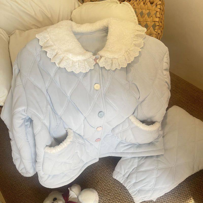 法式蕾丝花边娃娃领夹棉睡衣女冬季新款加绒加厚保暖家居服套装冬,女士内衣/男士内衣/家居服,睡衣/家居服套装,淘宝优惠券,粉丝福利购,淘宝优惠卷