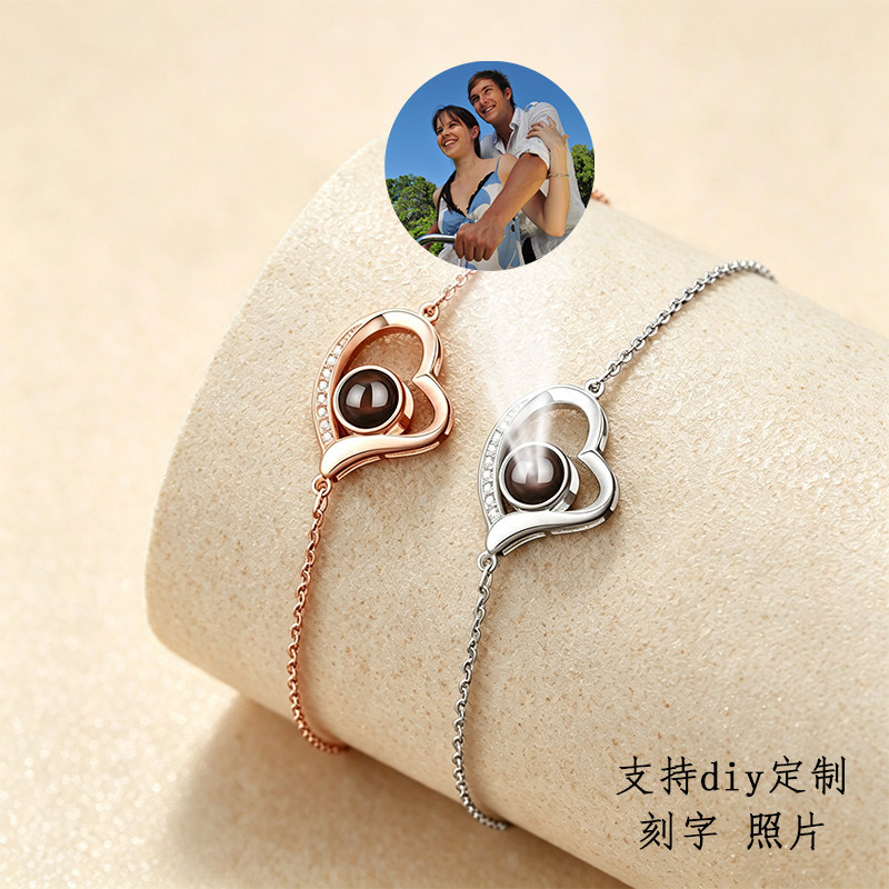 斜爱心手链女ins风文字照片投影