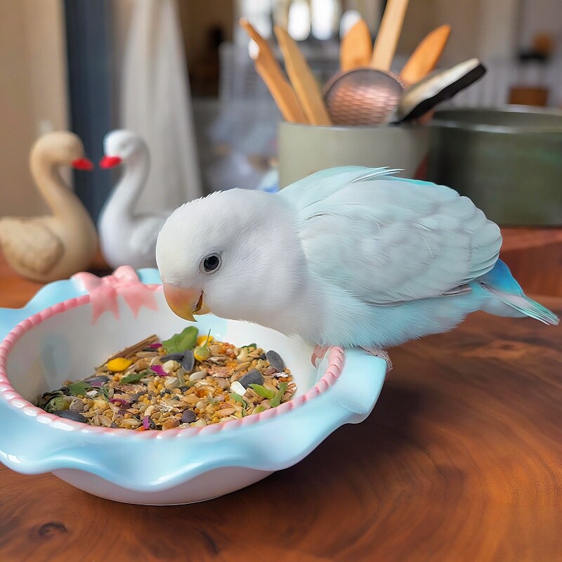 鹦鹉食盒釉下彩蝴蝶结花边圆盘稳固防洒喝水吃饭两用鸟碗鹦鹉食盆