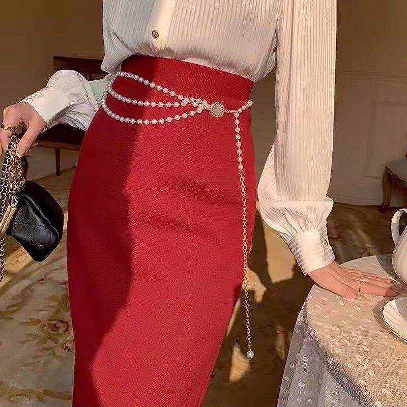 珍珠腰链配裙子收腰女半身裙腰带装饰高级感多层小香风简约双层