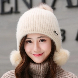 兔毛帽子女士冬天加绒加厚韩版时尚甜美可爱秋冬季保暖针织毛线帽