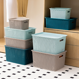 仿藤编塑料收纳筐零食玩具杂物整理篮子有盖衣物储物篮桌面收纳篮