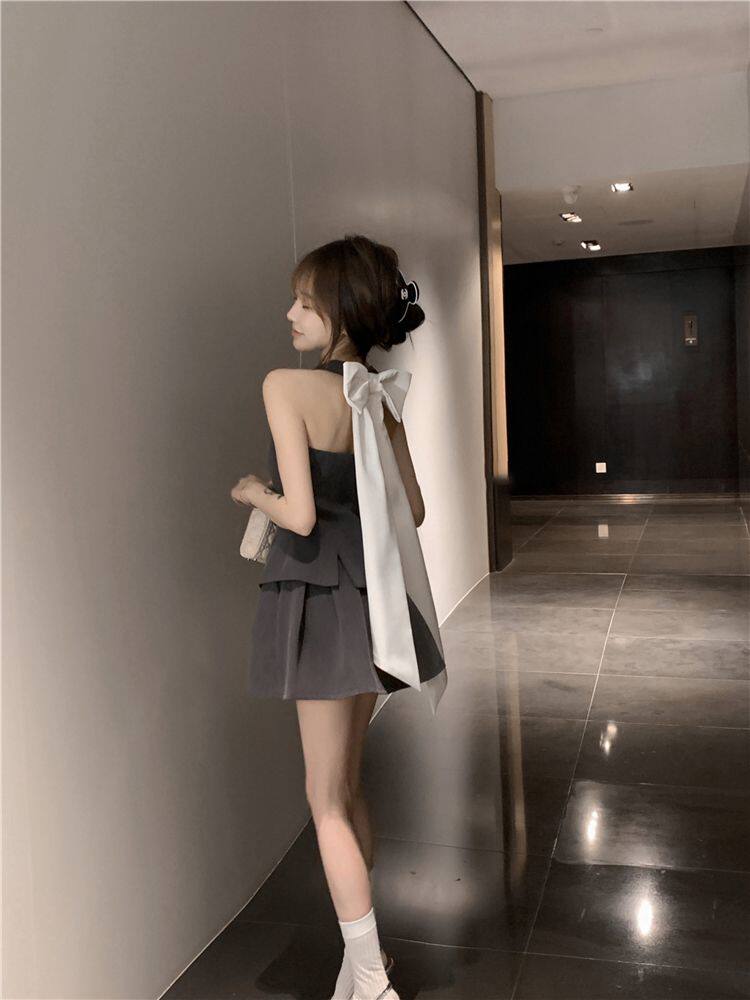 辣妹套装女夏季法式气质露背蝴蝶结收腰马甲背心百褶半身裙两件套,女装/女士精品,时尚套装,淘宝优惠券,粉丝福利购,淘宝优惠卷