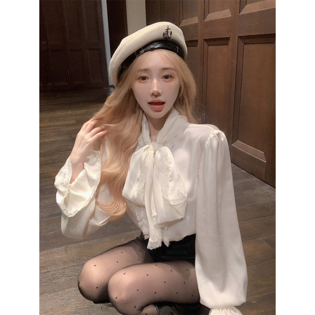 独特别致雪纺衬衫女2025春季新款内搭打底衫法式蝴蝶结小香风上衣