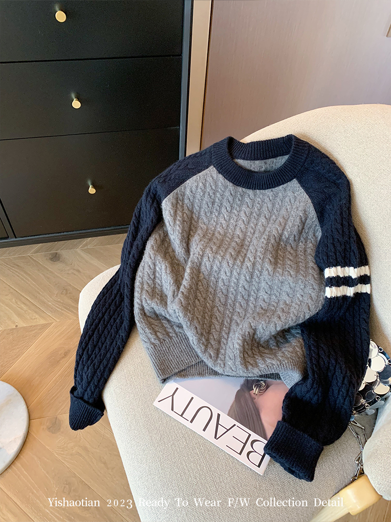 广州十三行精选推荐~撞色圆领麻花插肩袖毛衣慵懒宽松软糯针织衫