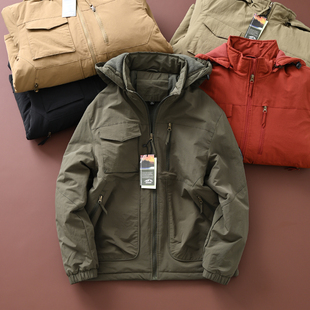 户外软壳冲锋衣男士冬季防风水防刮耐磨可脱卸连帽加厚棉衣棉服男