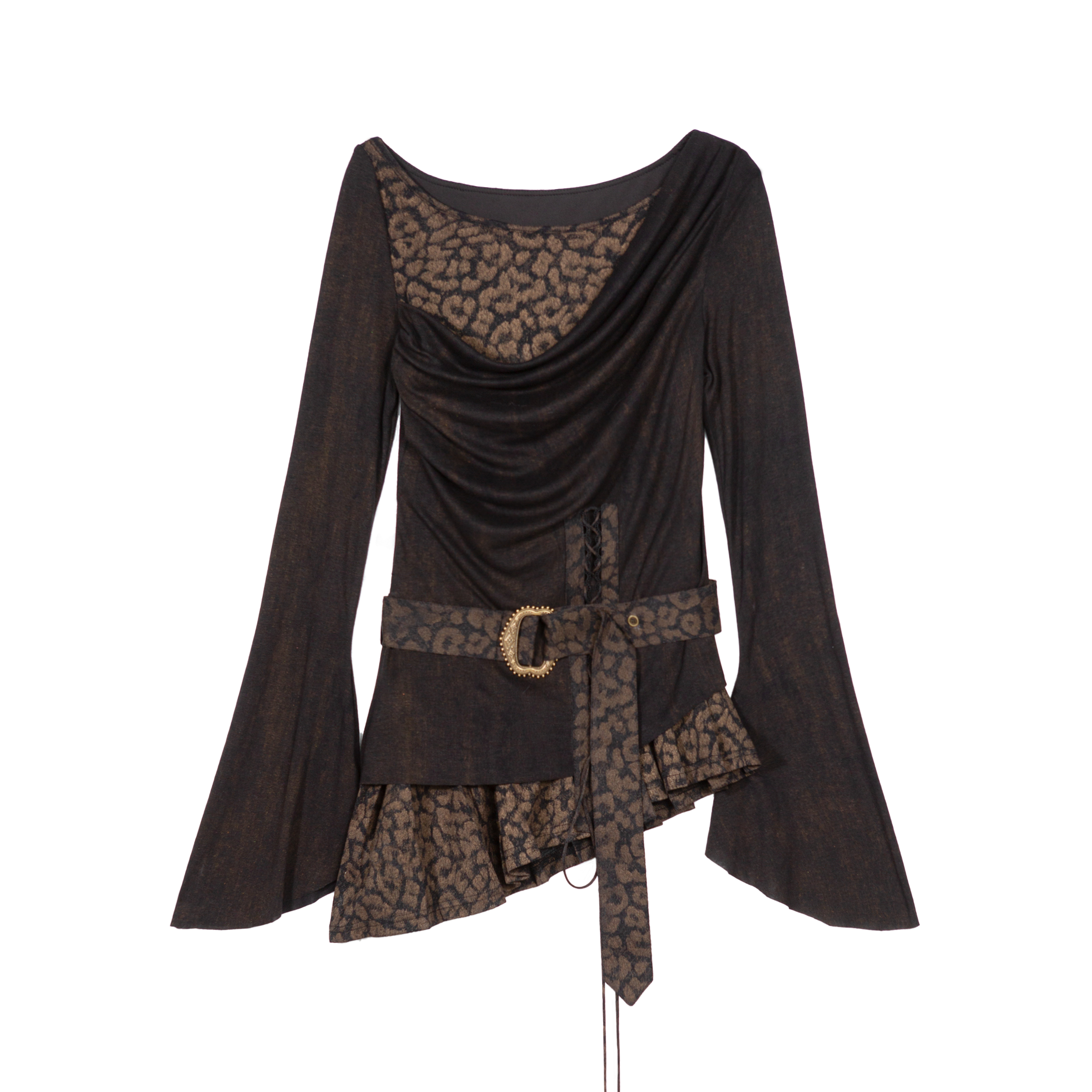 thumbnail for ARIADNAw original retro dark punk contrasting color fake two pieces crew neck knitted temperament swinging collar long sleeve top for women