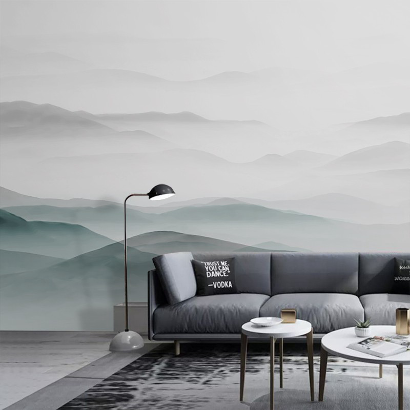 现代中式意境淡雅壁纸水墨山水客厅沙发背景墙纸壁布书房茶室壁画