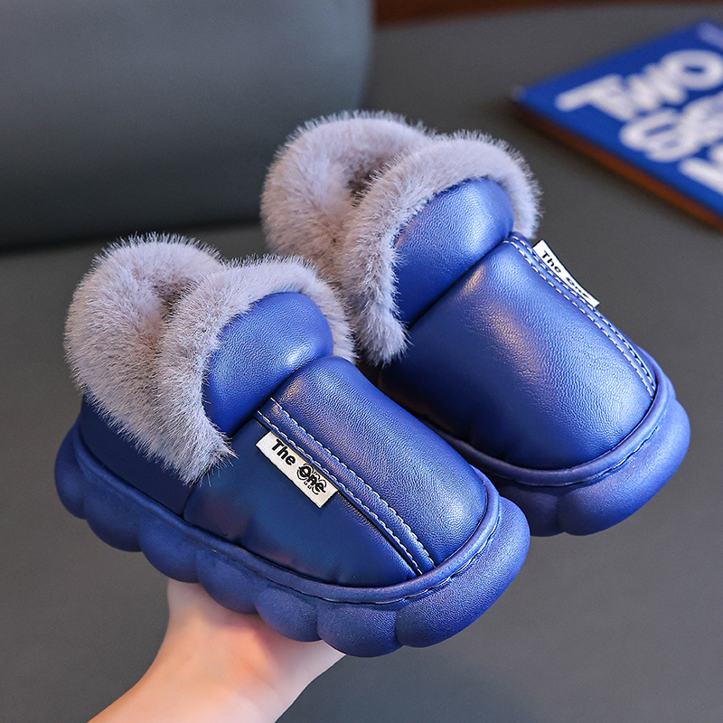 儿童棉鞋秋冬季男童皮面防水防滑居家鞋中大童保暖宝宝包跟棉拖鞋